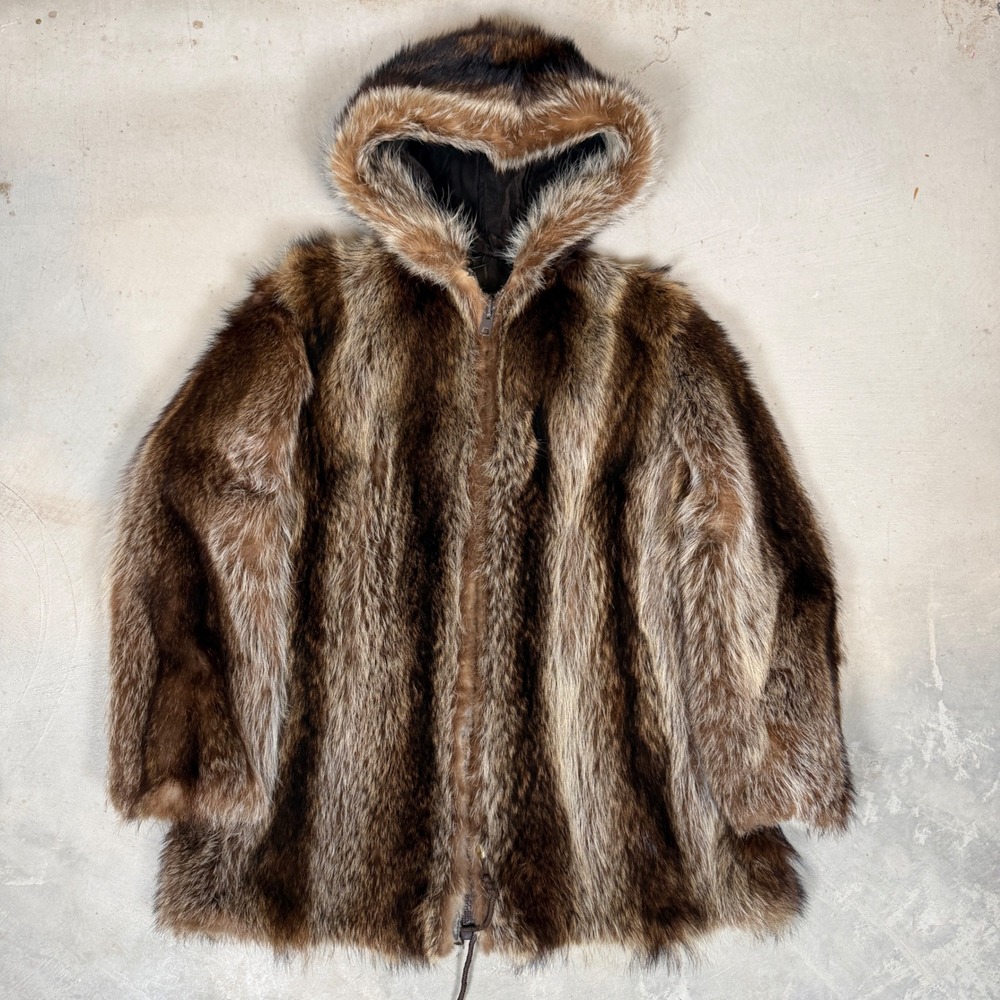 Vintage 70s Brown Hooded Real Racoon Fur Zip Up Winter Coat Jacket womens XL
